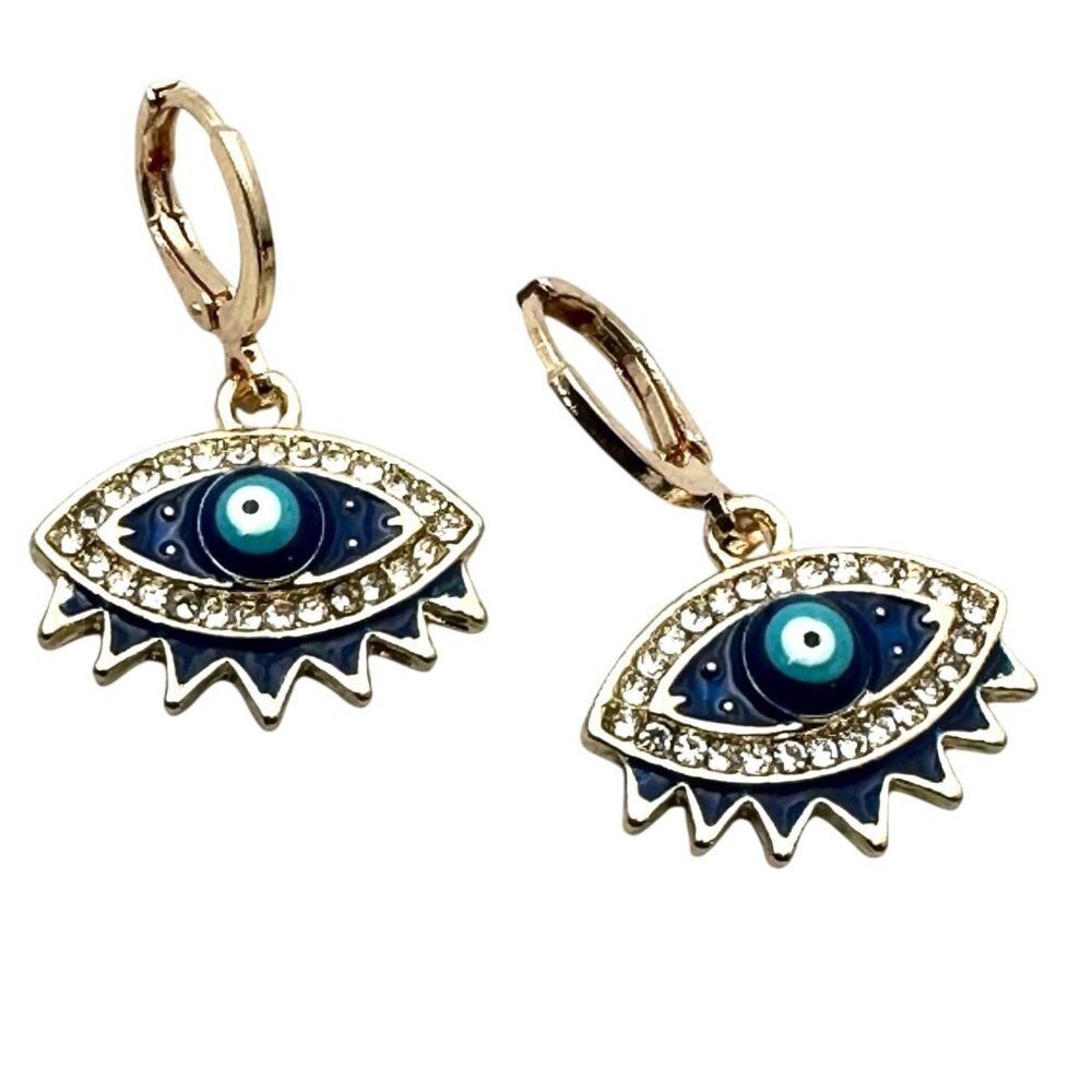 Evil Eye Blue Enamel Gold Tone Pierced Chandelier Earrings 1 Inch New